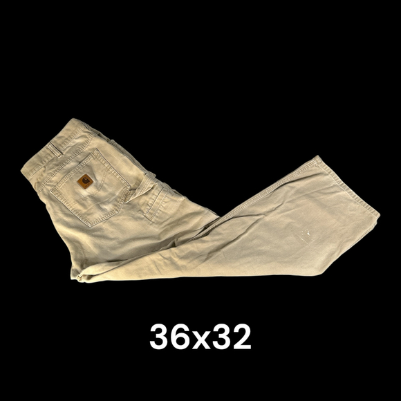 Carhartt Canvas Tan Dungaree Pants Relaxed Fit 36x32 Distressed - Picture 1 of 8